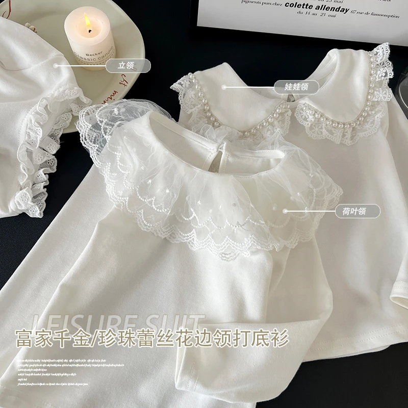 女童t恤春季新款纯棉修身长袖T恤儿童小女孩洋气蕾丝娃娃领打底衫