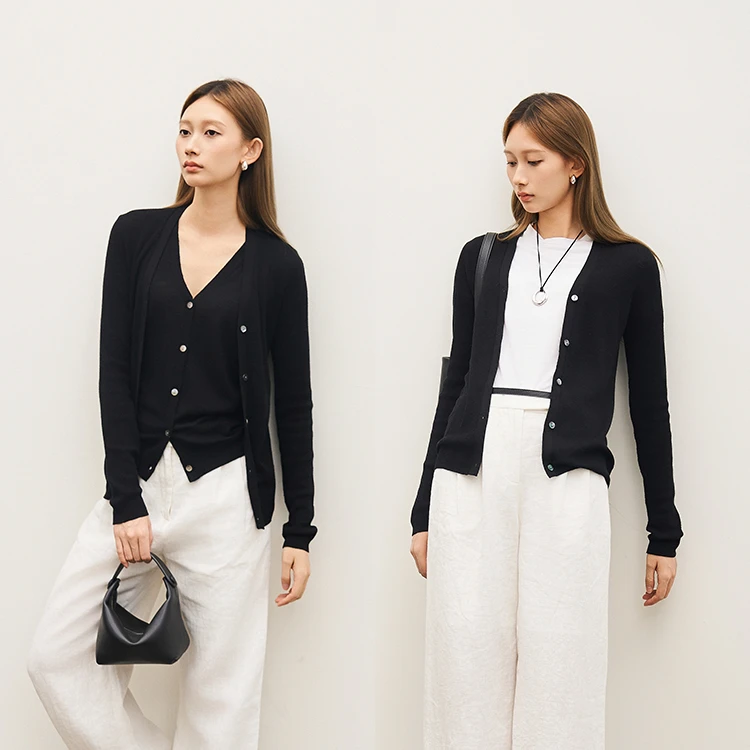 可机洗新澳60支超细美利奴羊毛针织开衫两件套  马甲开衫显瘦高级