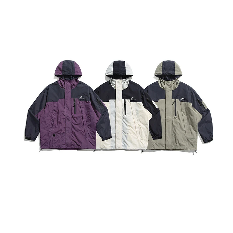 Y359春秋潮牌港风情侣百搭撞色拼接山峰字母侧插袋连帽冲锋夹克