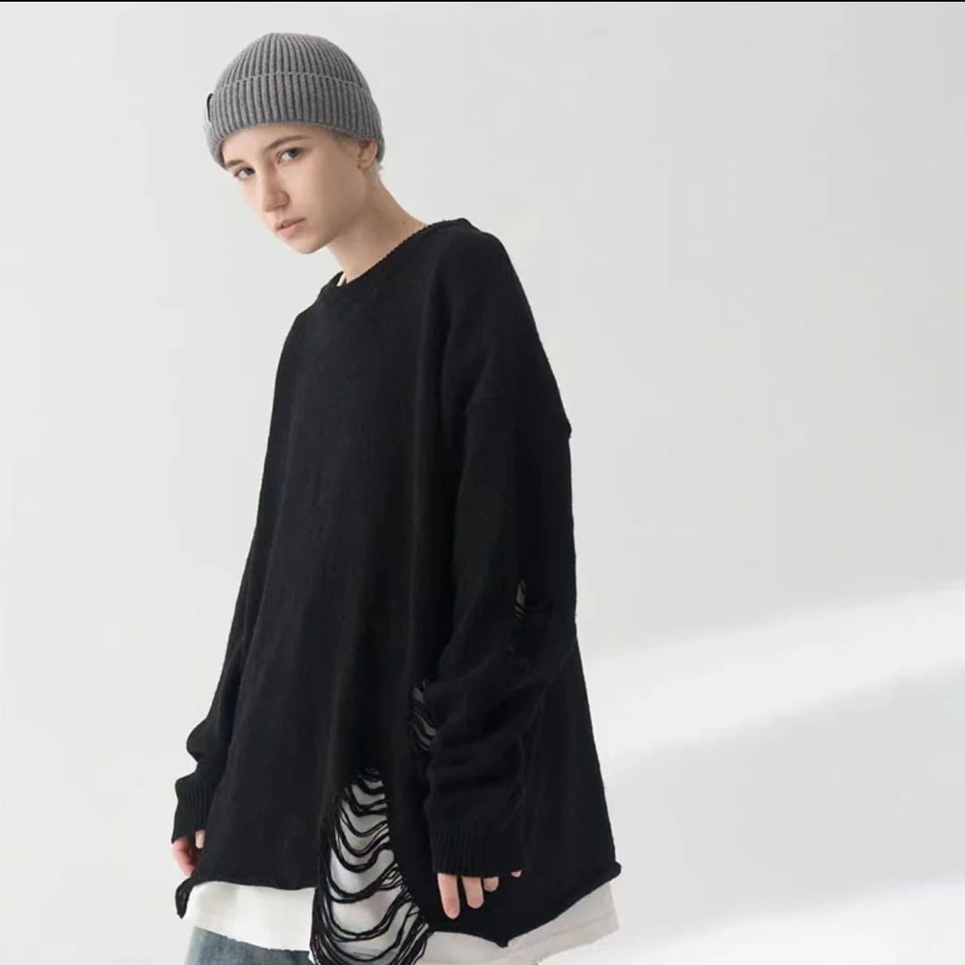 TH041潮牌THINGY日系复古设计感破洞针织衫圆领套头毛衣