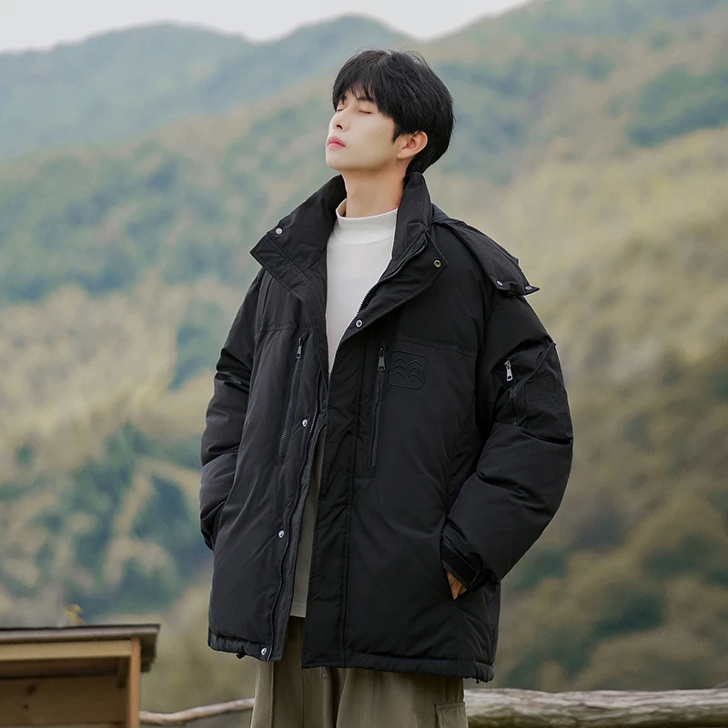 D5291潮牌白鸭绒港风设计感拉链冬季连帽工装冲锋保暖羽绒服