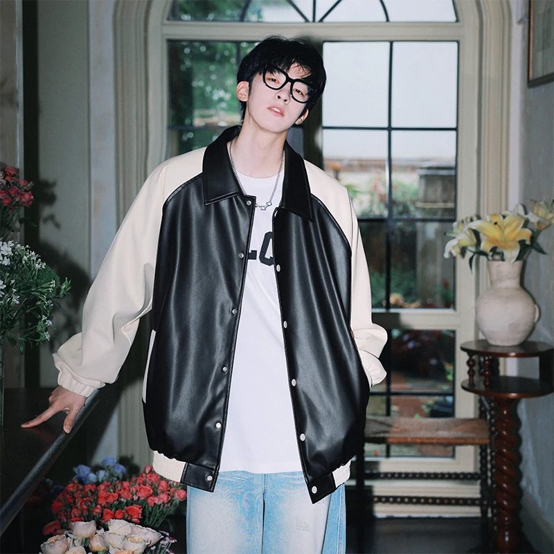 Q2570潮牌美式复古春秋潮牌撞色拼接棒球服情侣百搭机车翻领夹克