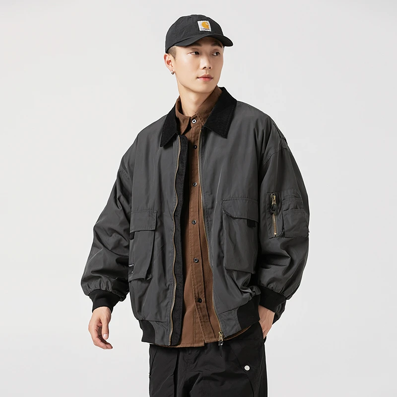 J8201春秋潮牌ins美式复古棒球服撞色领设计感飞行员夹克外套