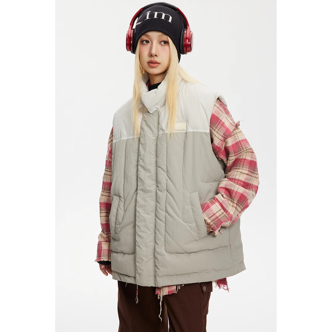 F2353潮牌港风冬季保暖情侣ins百搭休闲拼色立领棉服马甲