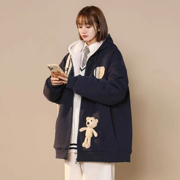 WT2213港风潮牌冬季保暖羊羔绒加厚oversize情侣百搭开衫连帽棉衣