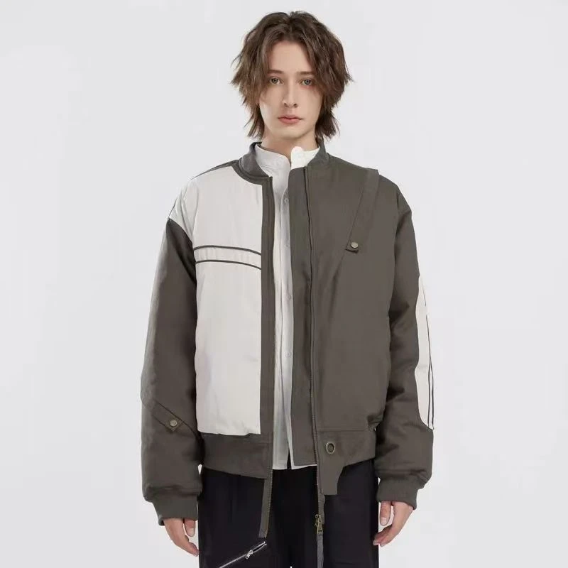 110302春秋日系复古宽松简约棒球服拼接高级感潮牌设计感棉服外套