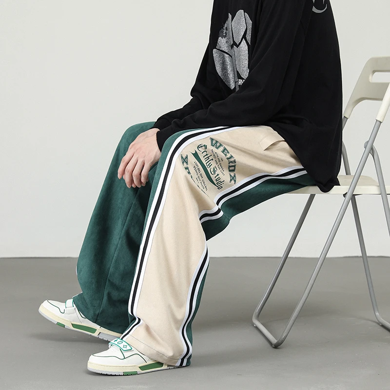 66156冬季保暖加绒潮牌INS拼接字母高街阔腿宽松直筒休闲裤