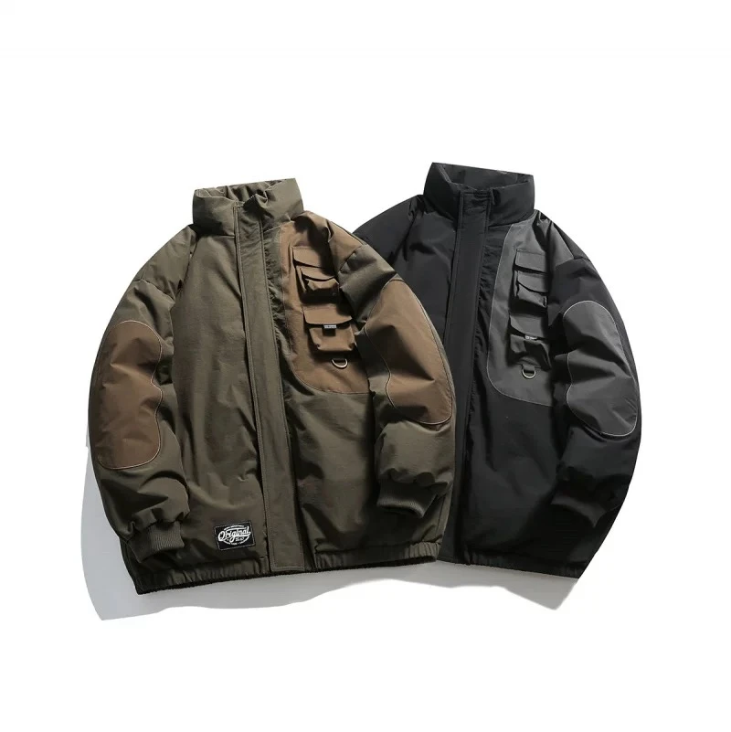 W2202美式潮牌冬季保暖设计感拼色情侣百搭休闲立领工装棉衣