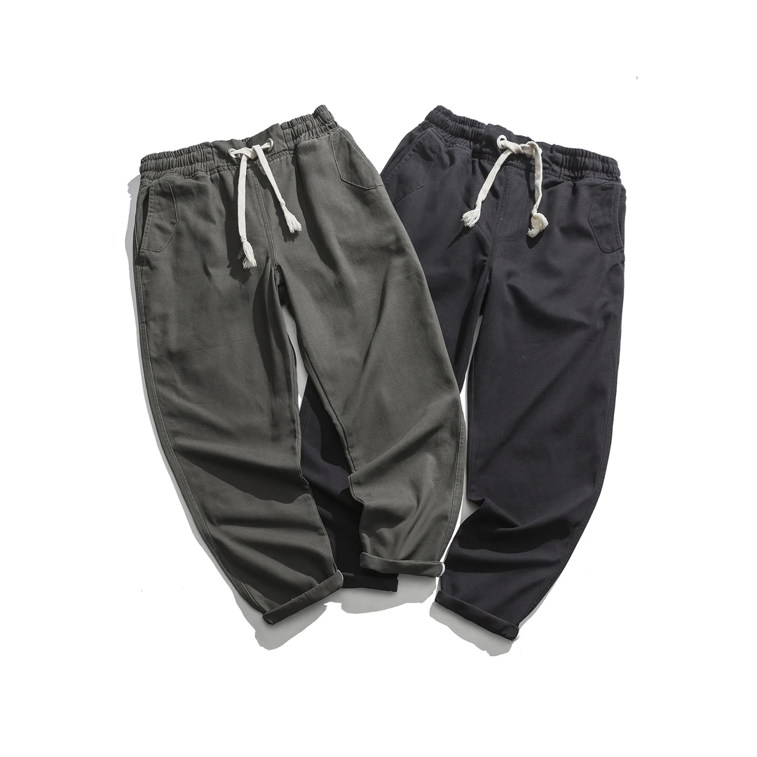 B262春秋潮牌日系复古简约纯色情侣百搭休闲松紧腰系带长裤