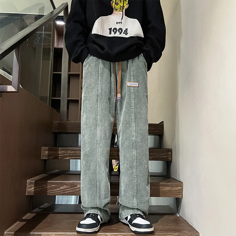 66231潮流ins灯芯绒贴标休闲裤高街垂感直筒长裤