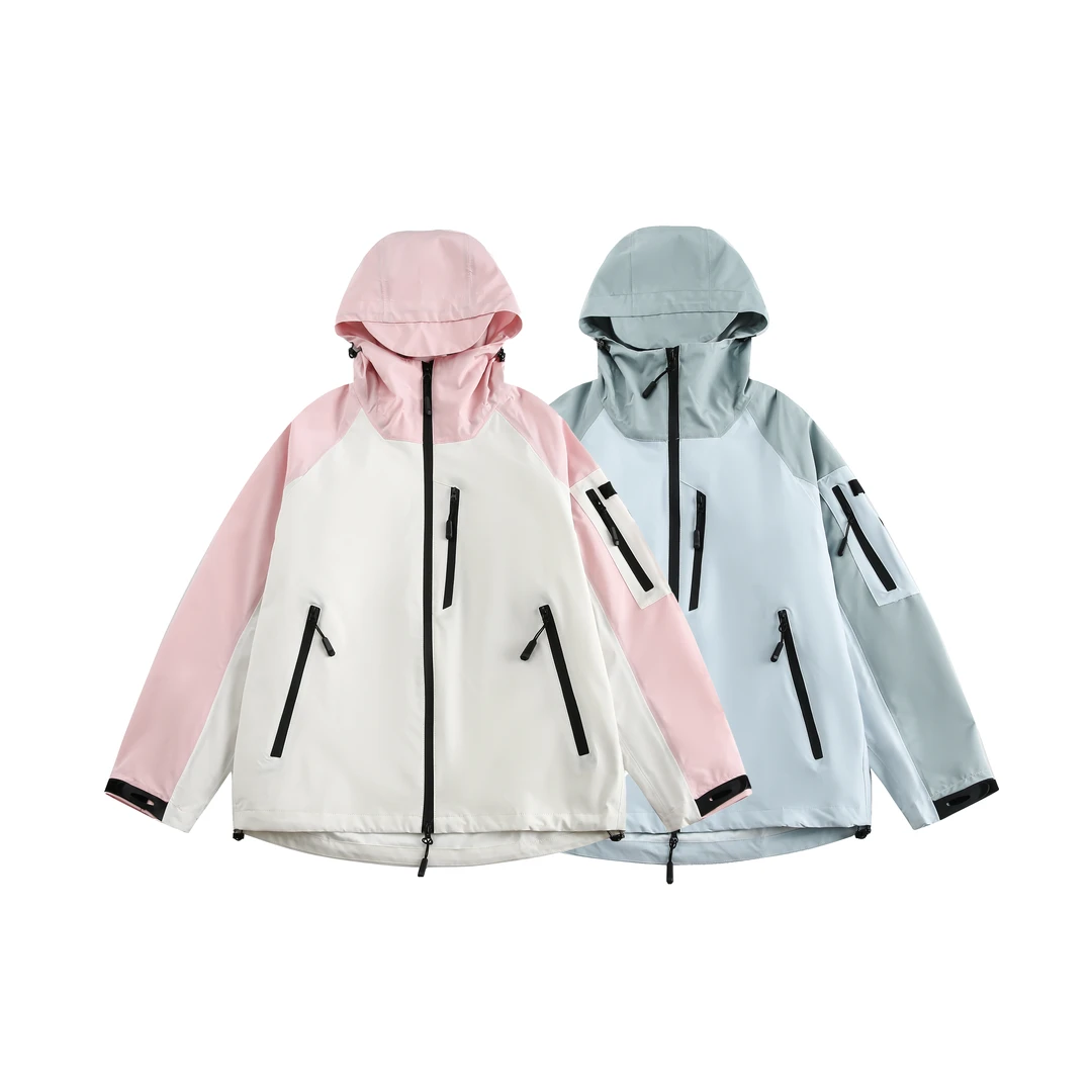 KM223户外登山撞色拼接连帽冲锋衣情侣春季无痕压胶无缝拉链外套