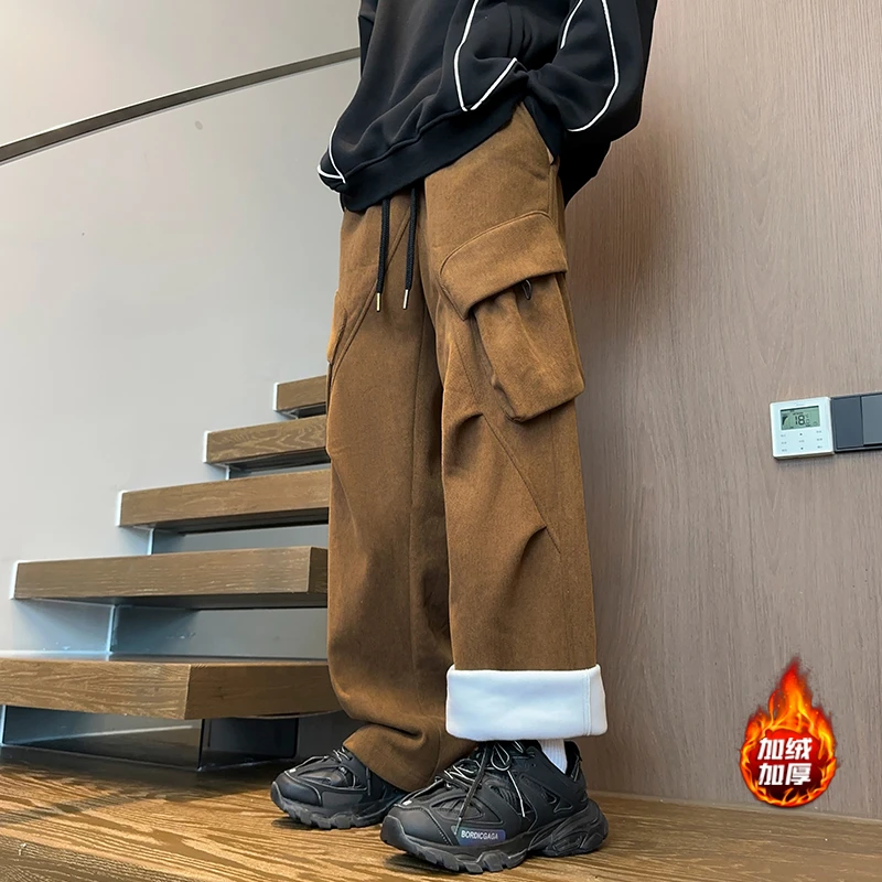 D6008潮牌港风复古冬季保暖加绒加厚情侣百搭灯芯绒工装长裤