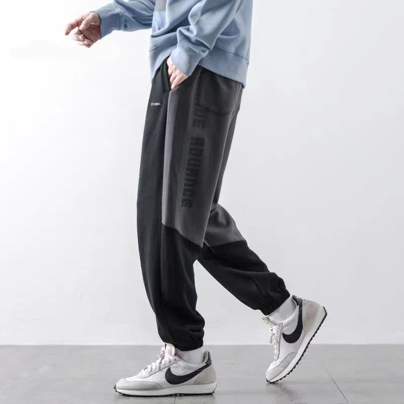 8107港风复古潮牌春秋设计感撞色拼接字母休闲束脚卫裤