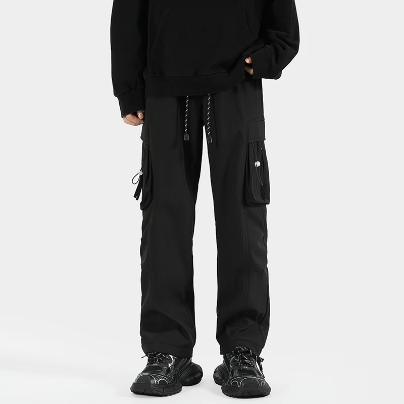 X1025潮牌美式复古冬季保暖加绒设计感休闲直筒工装长裤