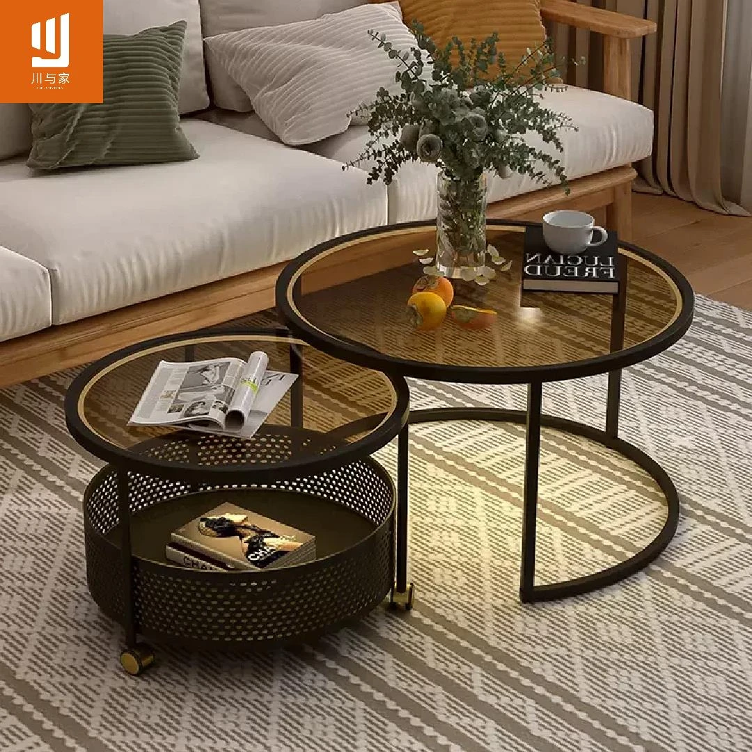 圆形北欧风轻奢风可移动茶几组合高级感小户型现代客厅钢化玻璃