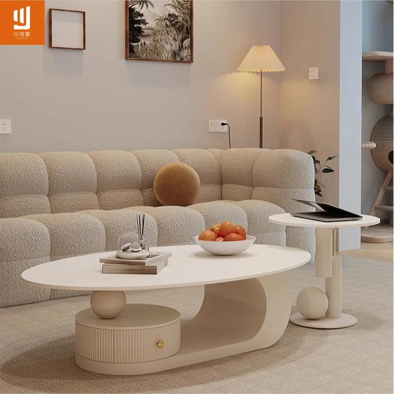 材质岩板茶几奶油风客厅轻奢圆桌出租屋创意抗压环保材料落地式