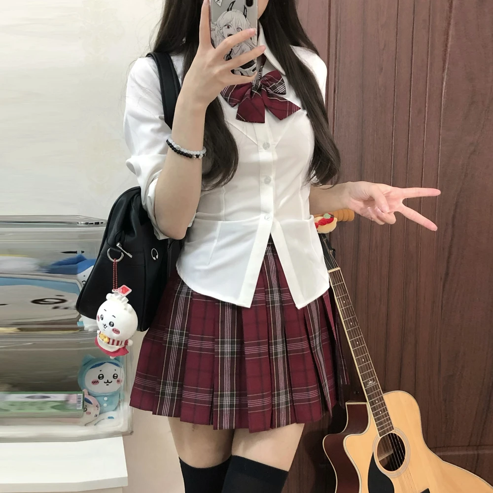 空栗鼠丸原创jk格裙收腰衬衫套装辣妹纯欲风带弹力jk制服长袖套装