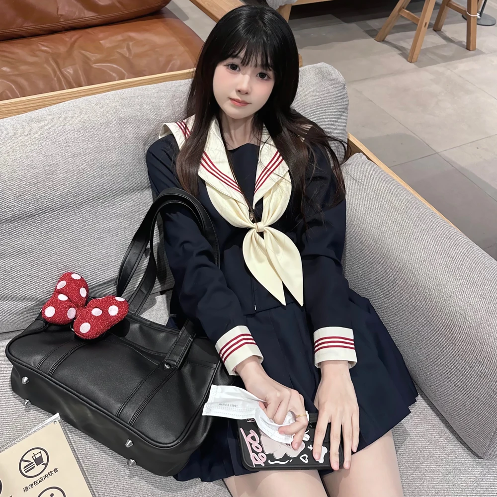 空栗鼠丸原创jk制服学院风基础款绀色中间服jk水手服百褶裙套装女