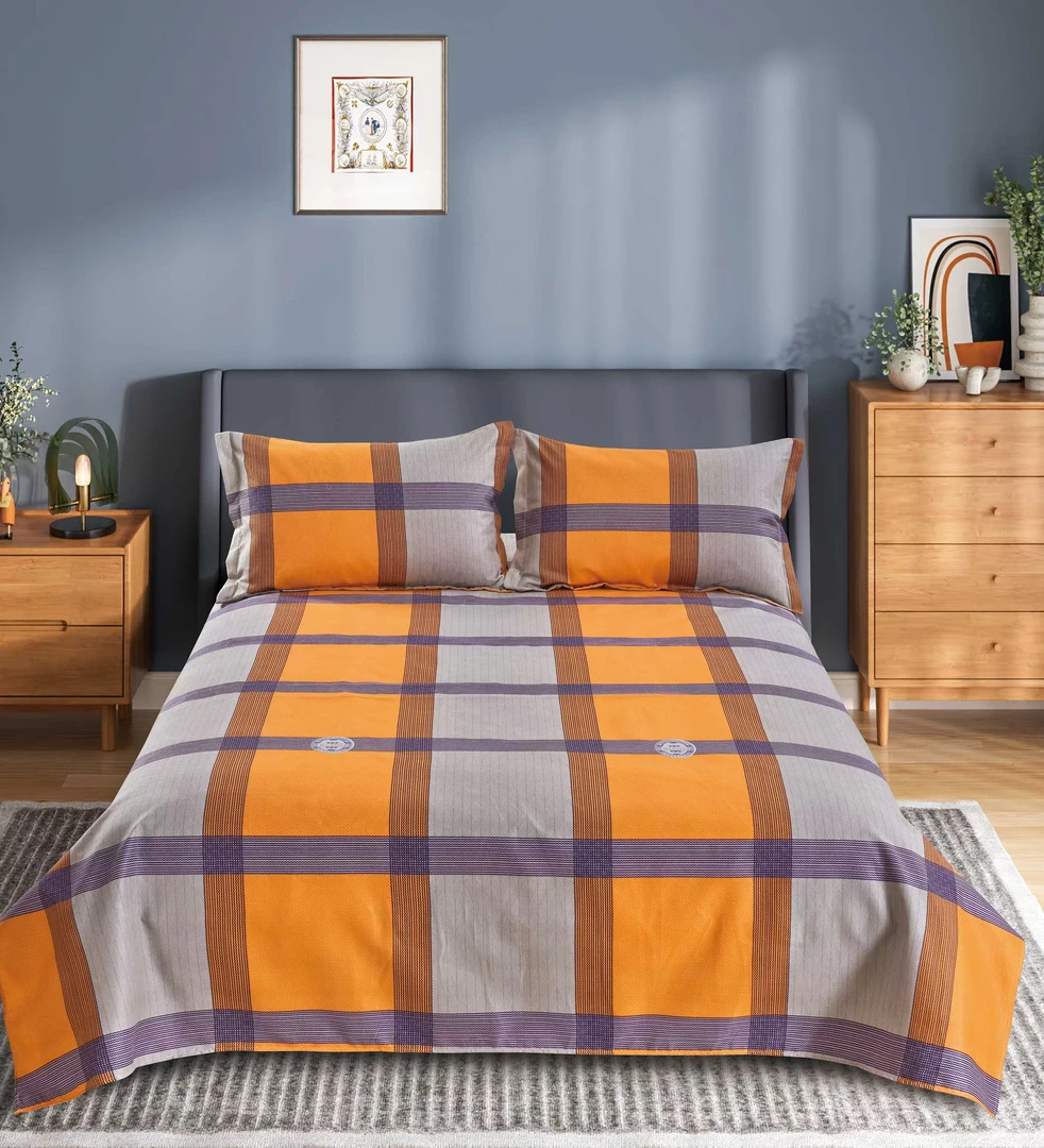 橙色格子  双人床单（200*230cm）