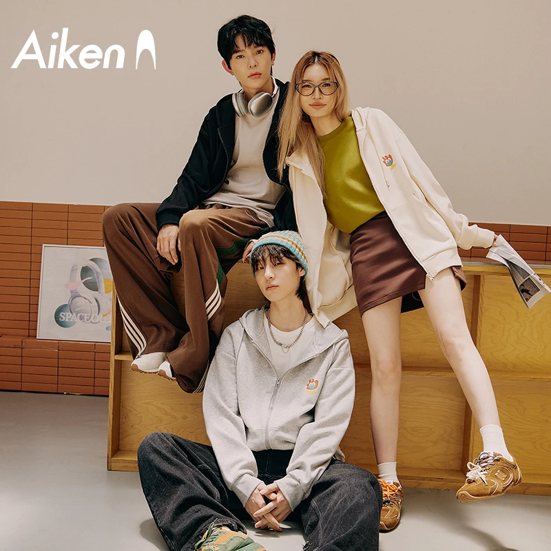AIKEN/爱肯450G重磅羊羔绒卫衣男女同款冬季上新潮牌加绒连帽外套
