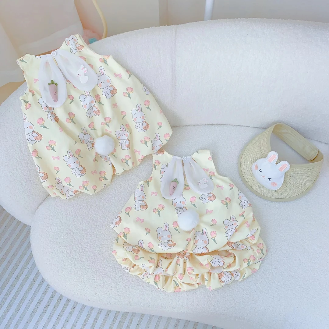 夏季新款-女小童儿童可爱黄色满印萝卜兔子花苞两件套