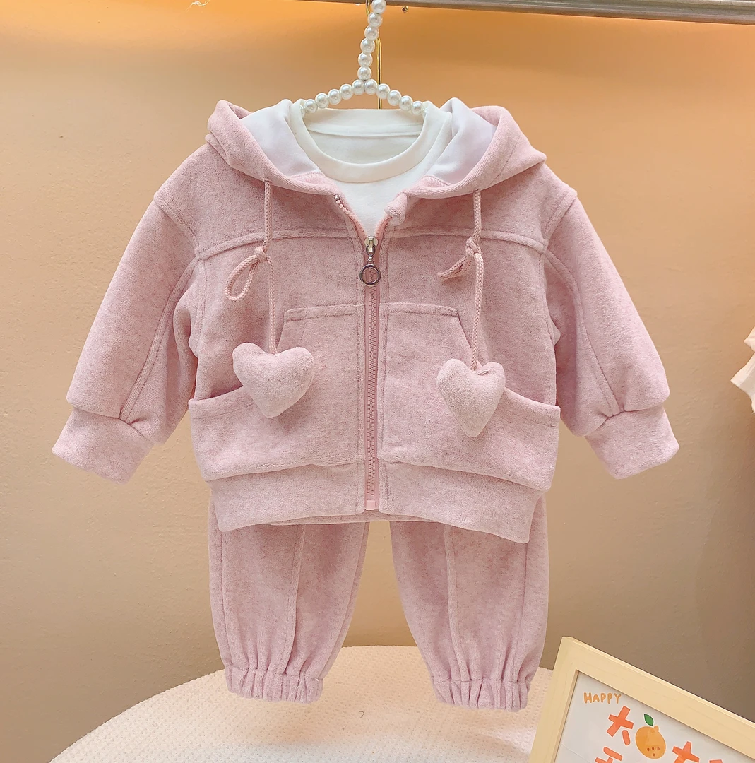 【现货-春秋款】女童爱心复合加厚休闲套装爱心连帽三件套