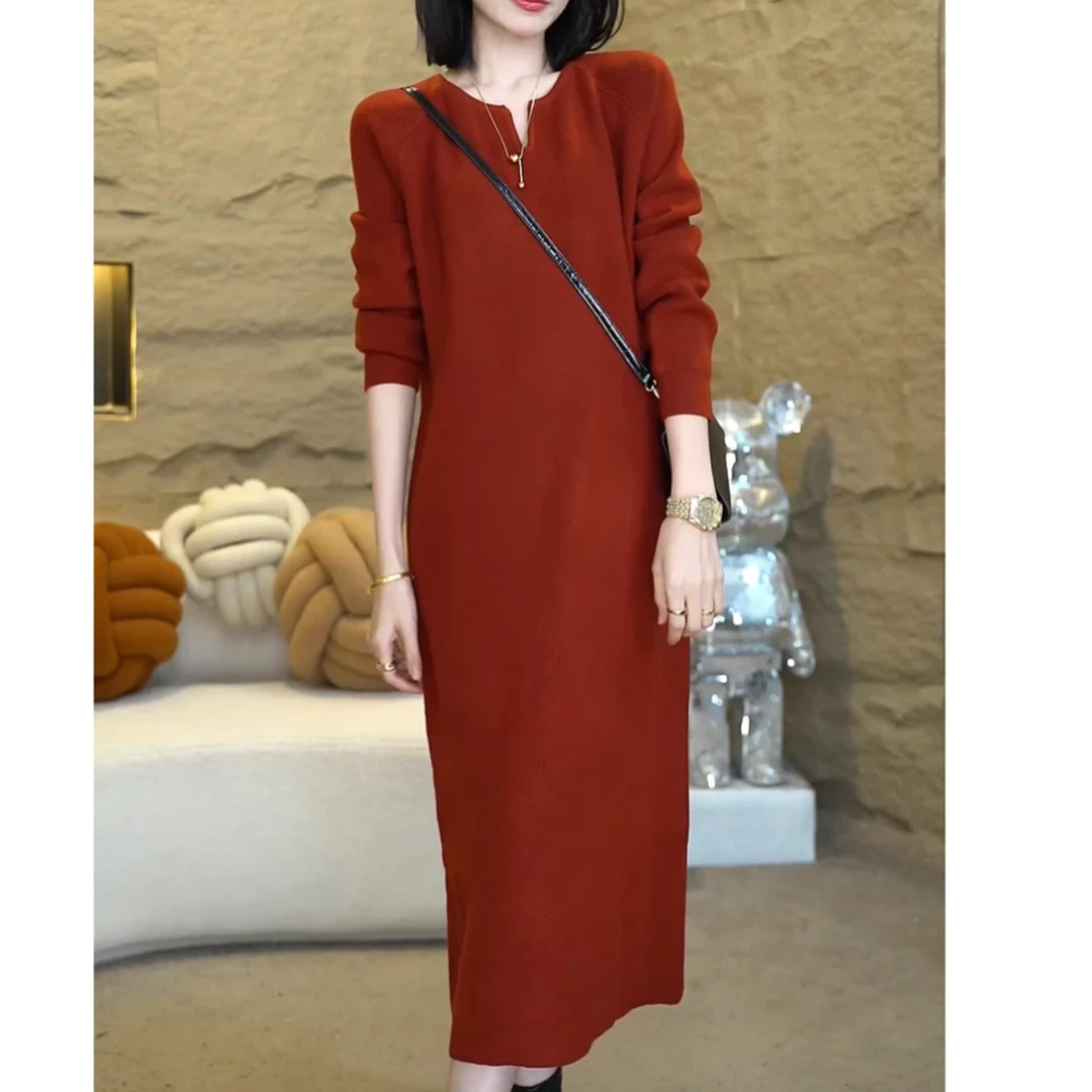 气质V领时尚轻奢小众高级感裙子针织长袖宽松秋冬连衣裙显瘦冬季