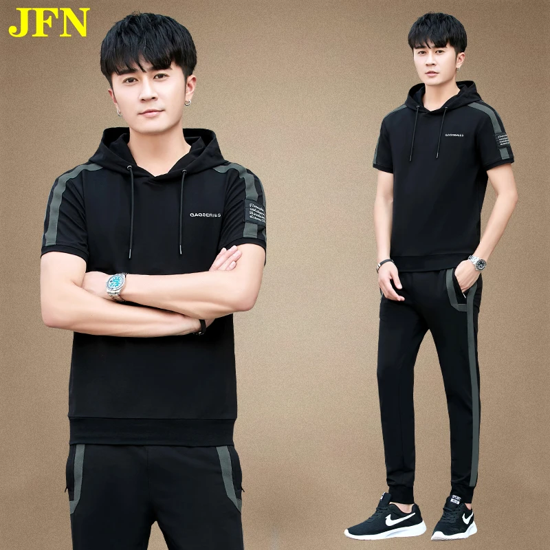 运动套装男潮流短袖卫衣连帽两件套2022夏季新款男士休闲夏装帅气