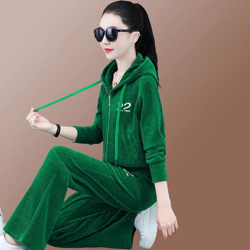 金丝绒运动套装女秋装新款时尚连帽刺绣高端显瘦休闲卫衣两件套潮