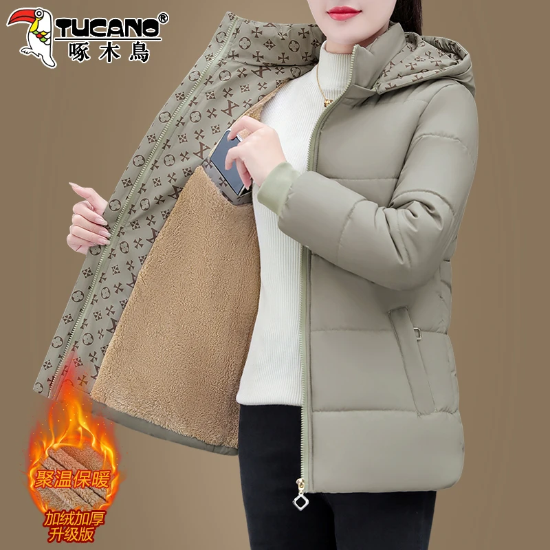 啄木鸟加绒棉服女款冬季2025年新款中年妈妈加厚保暖棉衣棉袄外套