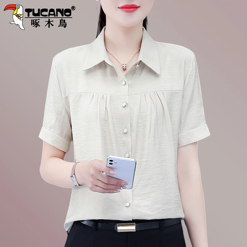 【官方】啄木鸟品牌雪纺短袖衬衫夏季2025时尚洋气女士衬衣翻领上衣