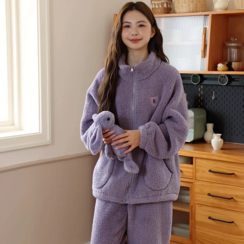 立领羊羔毛家居服冬拉链款包边撞色加绒加厚保暖睡衣套装可外穿