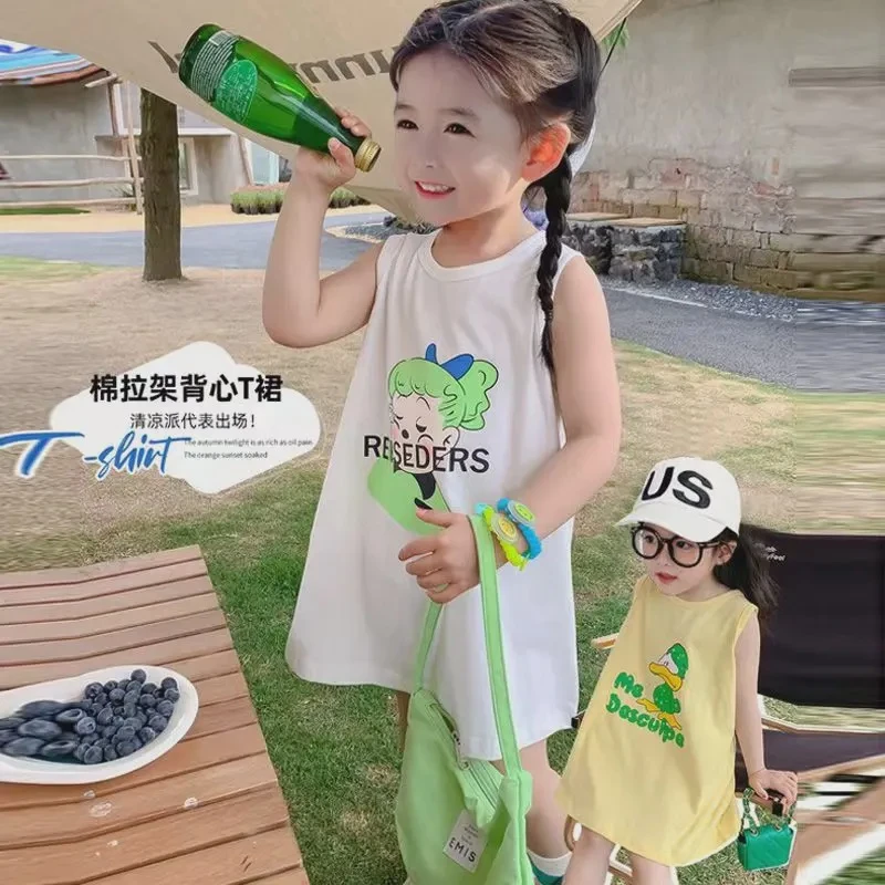 100%棉女童背心裙宝宝A字裙夏季新款卡通印花吊带背心裙长T恤裙