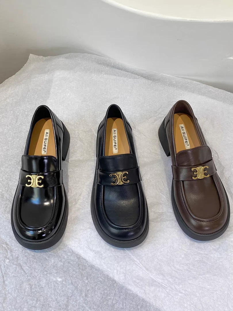 312-5 小皮鞋女英伦韩版圆头厚底乐福鞋女粗跟一脚蹬单鞋