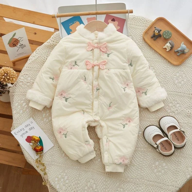 毛领粉花棉连体衣 婴儿冬季棉服加绒女宝甜美保暖外出服中国风
