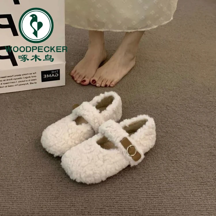 啄木鸟法式奶白温柔加绒勃肯鞋女外穿毛毛棉鞋秋冬一脚蹬玛丽珍鞋