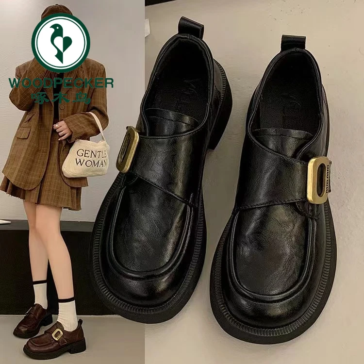 啄木鸟厚底英伦风小皮鞋女2025春夏季新款百搭乐福鞋安可拉红单鞋
