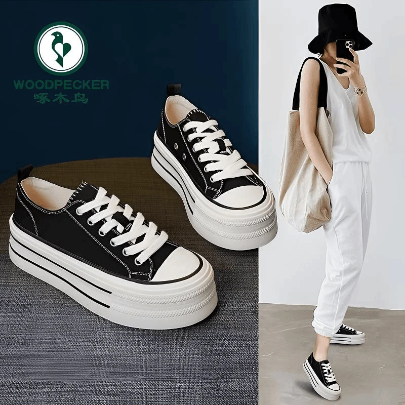啄木鸟厚底帆布鞋女2024新款韩版运动休闲鞋增高圆头系带低帮学生