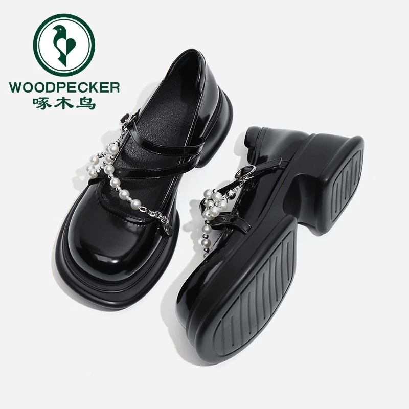 啄木鸟厚底玛丽珍鞋女2024新款学院风甜酷乐福鞋珍珠链条小皮鞋