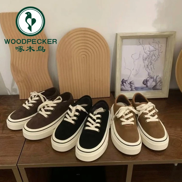 啄木鸟ins韩版小众百搭经典系带圆头低帮板鞋2024秋冬新款厚底