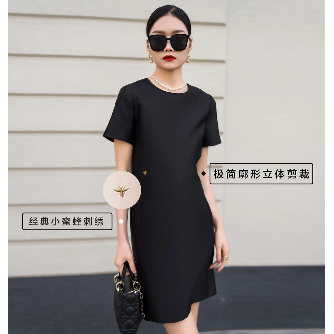 KADIMIYA法式气质短袖连衣裙名媛风直筒显瘦圆领女士休闲时尚简约