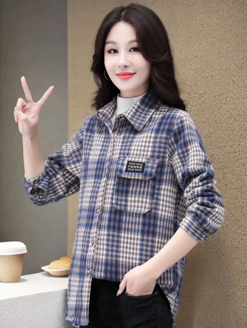 秋冬款毛呢格子衬衫港味休闲洋气大码女装时尚复古百搭外套显瘦