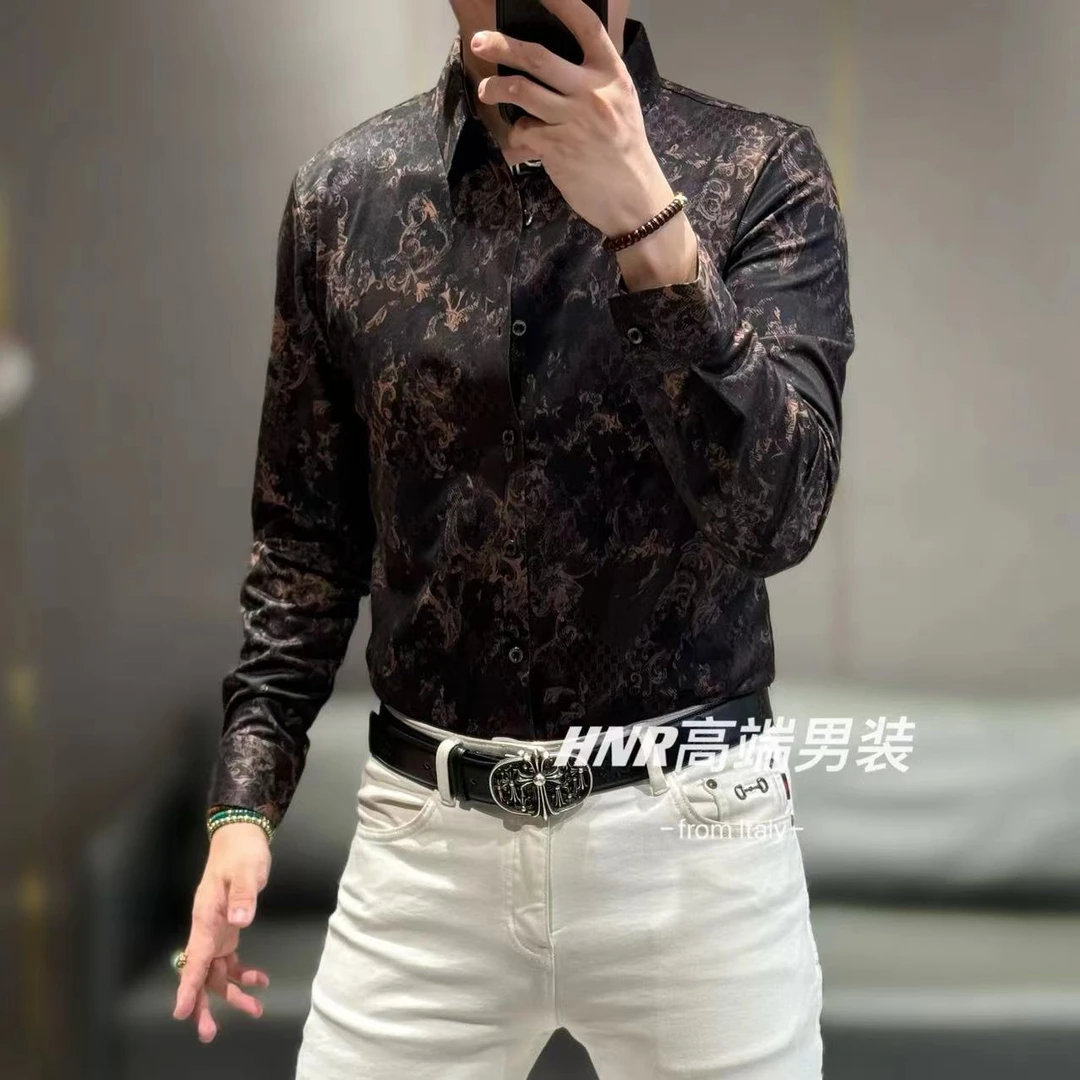 巴洛克满花花卉图案新款高端男士时尚百搭长袖衬衫9330