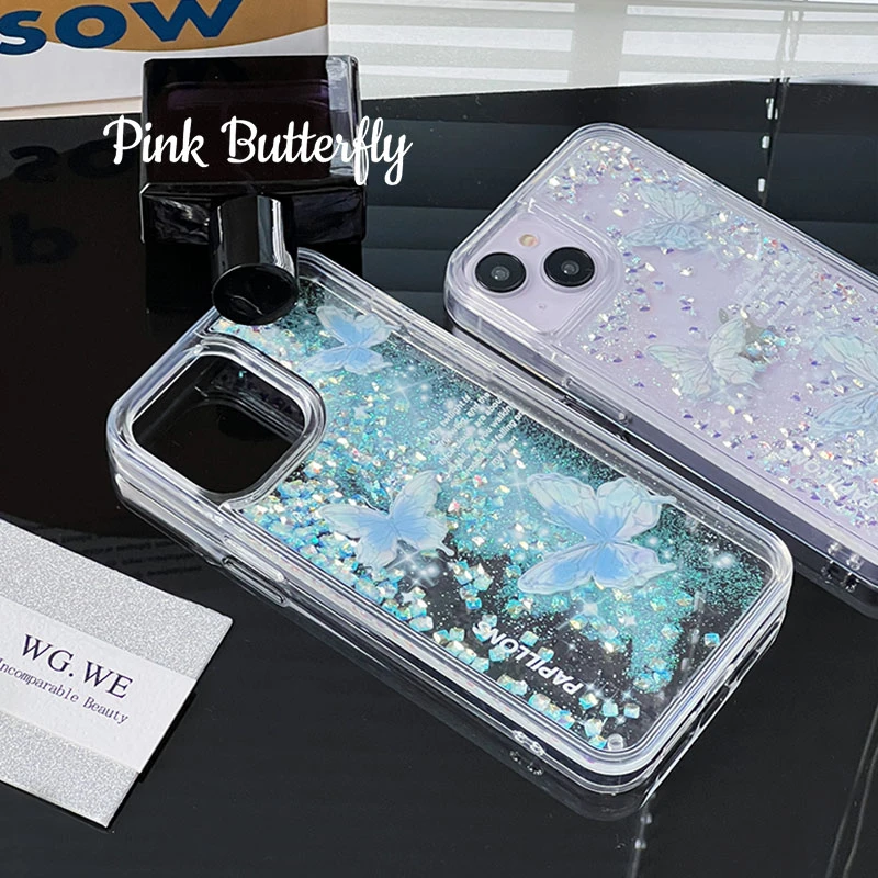 流沙闪粉蝴蝶钻石适用iphone14promax苹果13手机壳12防摔高级感11