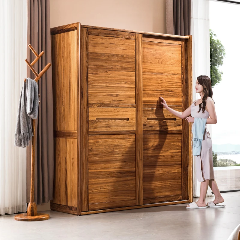 全实木双门衣柜中式推拉门卧室家用整体大衣橱乌金木柜子大容量
