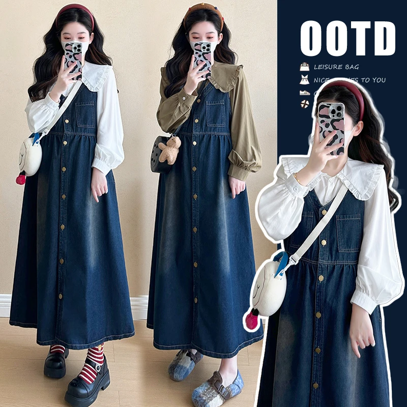 2024秋季时尚大码孕妇装新品衬衣+韩版牛仔背带裙洋气孕妇套装