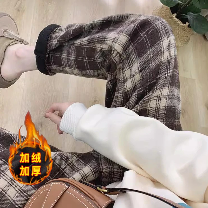 孕妇裤复古格子加绒磨毛休闲裤冬季新款韩版宽松阔腿裤显瘦萝卜裤