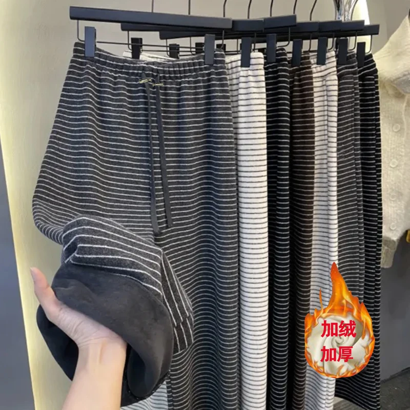 孕妇爆款条纹松紧腰抽绳阔腿裤女2025秋冬新款高腰加绒休闲裤女