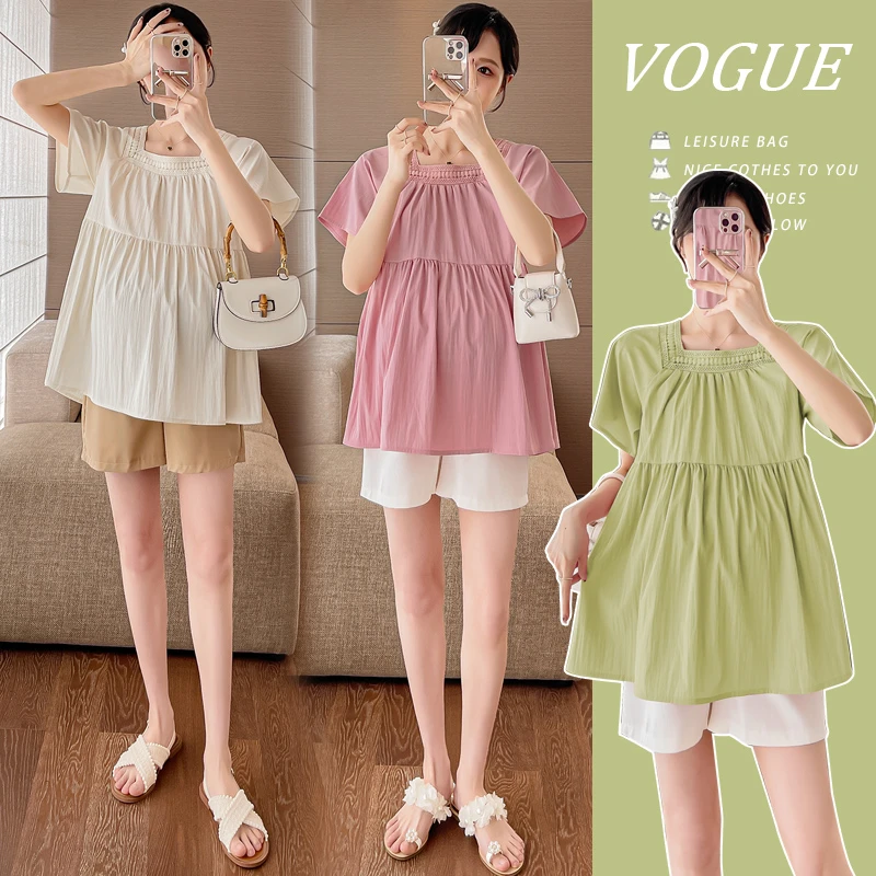 孕妇装夏季新品韩版时尚宽松纯色娃娃上衣孕妇衬衫外穿短袖衫潮妈