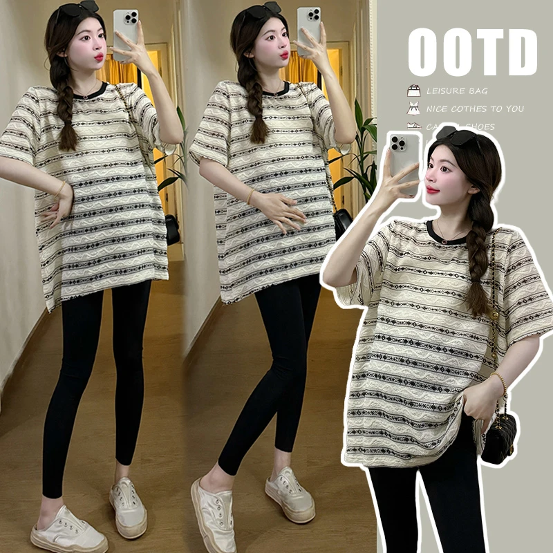 孕妇上衣夏季新款韩版条纹T恤宽松中长款孕妇上衣宽松显瘦短袖衫